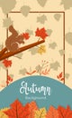 Flat design Autumn background with eating squirrel and maple leaves.