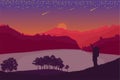 flat design background the view of the lake on the mountain with its beautiful moonlight plus there are flashing stars and shootin