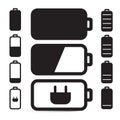 Flat Design Black Battery Life Vector Icons Set