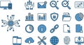 Flat design blue outline technology icon set close up with devices chip globe charts and security icons on white background Royalty Free Stock Photo
