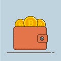 Flat design wallet with bitcoins coins. Isolated illustration