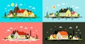Flat Design Buildings. Night and Day Abstract Towns Set.