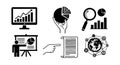 Flat design business analytics icon set showing hand holding pie chart, presenter pointing at chart, magnifier and global network Royalty Free Stock Photo