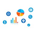 Flat design business data analytics icons. Pie chart, bar graph, dollar sign, magnifying glass, brain, idea bulb Royalty Free Stock Photo