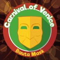 Flat Design with Button and Bauta Mask for Venice`s Carnival, Vector Illustration
