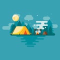 Flat design camping area landscape with tents at night Royalty Free Stock Photo