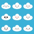 Flat design cartoon cute cloud character with different facial expressions, emotions. Set, collection of emoji on blue background Royalty Free Stock Photo
