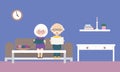 Flat design cartoon illustration of grandfather and grandmother sitting on sofa, reading newspaper and knitting sweater. With a Royalty Free Stock Photo