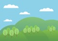 Flat design cartoon illustration of mountain landscape with hills and trees under blue sky with clouds, vector Royalty Free Stock Photo