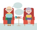 Flat design cartoon illustration of sitting grandfather and grandmother or old man and woman with thought or speech bubble, vector Royalty Free Stock Photo