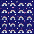 Flat design, cartoon rainbow with stars, seamless pattern on blue background