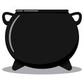 Flat design cartoon style vector black cast-iron empty cooking pot icon with leg boiler isolated on white background.