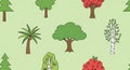 Flat Design Cartoon Tree Icons Seamless Pattern on Green Background image photo Royalty Free Stock Photo