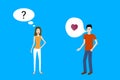 Flat design cartoon vector of a boy attracted to a confused girl and speaking with heart sign.