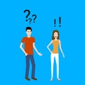 Flat design cartoon vector of a confused boy looking at his angry girlfriend. Royalty Free Stock Photo
