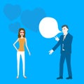 Flat design cartoon vector of a girl with heart signs attracted to a speaking businessman.