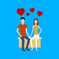 Flat design cartoon vector of two young lovers sitting on a bench with red heart signs on top.