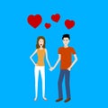 Flat design cartoon vector of two young lovers standing and holding hands with red heart signs on top.