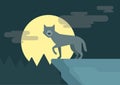 Flat design cartoon vector wild animals wolf rock roof full moon