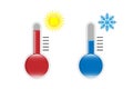 Flat design of celsius and fahrenheit meteorology thermometers. Measuring hot and cold temperature. Snowflake, sun icons. Royalty Free Stock Photo