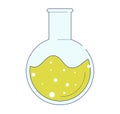 Flat design of chemistry flask with yellow liquid. Simple round bottom flask icon for science and education. Chemical