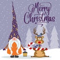 Flat design Christmas card with happy gnome and reindeer. Christmas poster. Vector