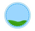 Flat design circular landscape with blue sky and green hills. Simplified nature scene inside a round frame. Vector