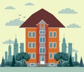 Flat design city houses, skyscrapers, colorful cottage building