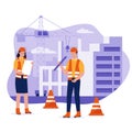 Flat design of civil engineer and architect engineer watching and checking details on a construction Royalty Free Stock Photo