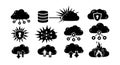 Flat design cloud icon set showing secure network, upload and download arrows, database link and firewall silhouettes on white Royalty Free Stock Photo