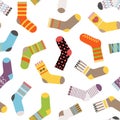 Flat design colorful socks set vector illustration. Seamless pattern