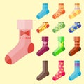 Flat design colorful socks set vector illustration selection of various cotton foot warm cloth