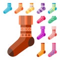 Flat design colorful socks set vector illustration selection of various cotton foot warm cloth