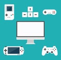 Flat design computer games concept. Game development. Various devices. Design elements.