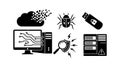 Flat design computer virus and data breach icons with bug usb flash drive and server error symbols in black silhouette style Royalty Free Stock Photo