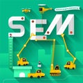 Flat design concept building text SEM with construction team. Vector illustrate. Royalty Free Stock Photo