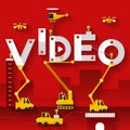 Flat design concept building text video with construction team. Vector illustrate.