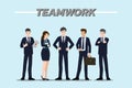 Flat design concept of Businessman and Business woman teamwork with different poses, working and presenting gestures, actions and