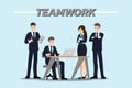 Flat design concept of Businessman and Business woman teamwork with different poses, working and presenting gestures, actions and