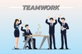 Flat design concept of Businessman and Business woman teamwork with different poses, working and presenting gestures, actions and
