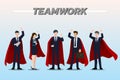 Flat design concept of Businessman and Business woman wearing red cape, standing together as teamwork with different poses, workin