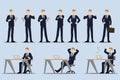 Flat design concept of Businessman with different poses, working and presenting process gestures, actions and poses. Royalty Free Stock Photo