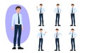 Flat design concept of Businessman with different poses, working and presenting process gestures and actions. Vector cartoon Royalty Free Stock Photo