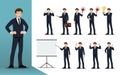 Flat design concept of Businessman with different poses, working and presenting process gestures, actions and poses. Vector cartoo Royalty Free Stock Photo