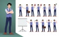 Flat design concept of Businessman with different poses, working and presenting process gestures, actions and poses. Vector cartoo Royalty Free Stock Photo