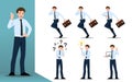 Flat design concept of Businessman with different poses, working and presenting process gestures, actions and poses. Vector Royalty Free Stock Photo