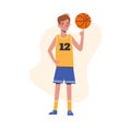 Flat design concept with cute baby spinning ball on finger. Little boy plays basketball. Vector illustration isolated on