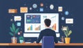 Flat design concept of digital marketing, businessman analyzing data on a large computer screen with SEO icons, graphs