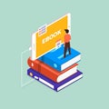 Flat design concept ebook. The man stand on book and mobile devi Royalty Free Stock Photo