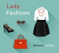 Flat design concept of fashion look. Woman clothing set with accessories. Trendy clothes. Royalty Free Stock Photo